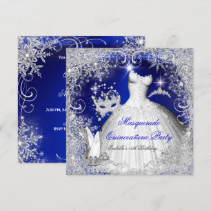 Invitation Quinceanera Masquerade Royal Bleu Blanc Snowflakes