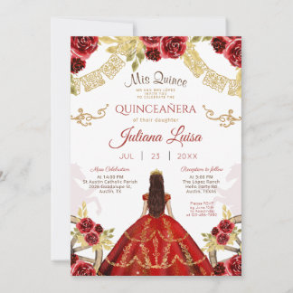 Invitation Quinceañera mexicaine dorée rouge Chevaux de Quinc