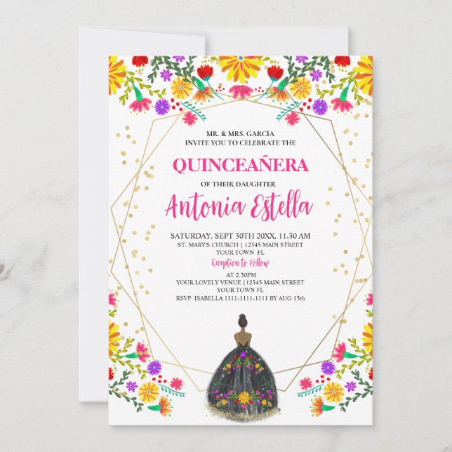 Invitation Quinceanera Mexicaine Fiesta Black Princesse robe (Devant)