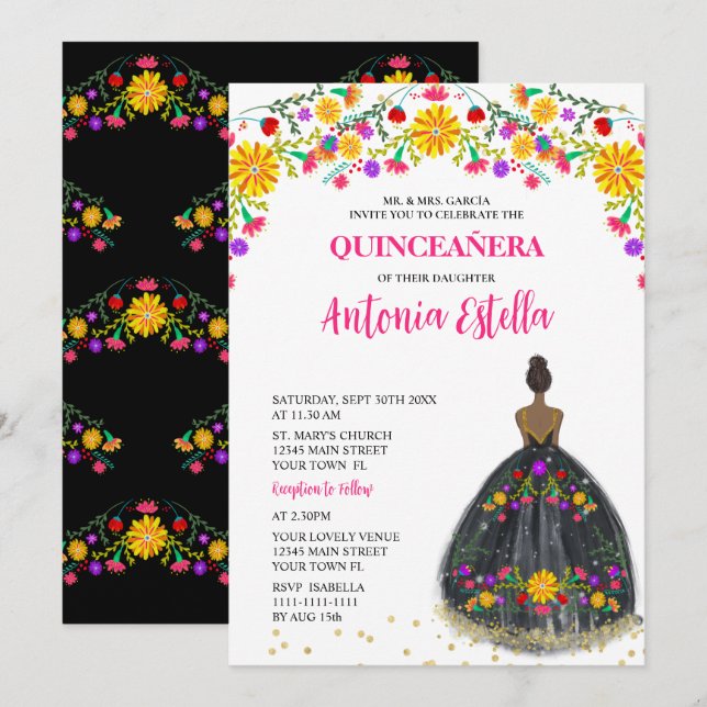 Invitation Quinceanera Mexicaine Fiesta Princesse robe (Devant / Derrière)