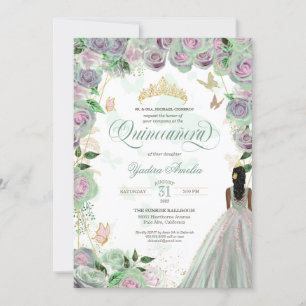 Invitation Quinceanera Mint Green Roses Élégants papillons I