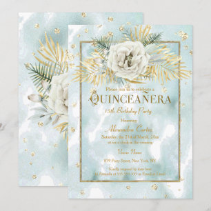 Invitation Quinceanera Mint Turquoise marbre or Rose Floral
