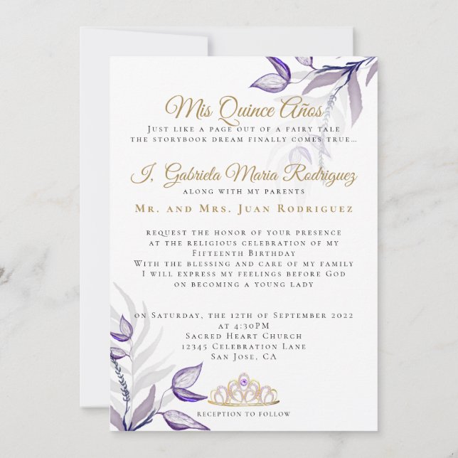 Invitation Quinceañera mis Quince Años Follaje Morado (Dos)