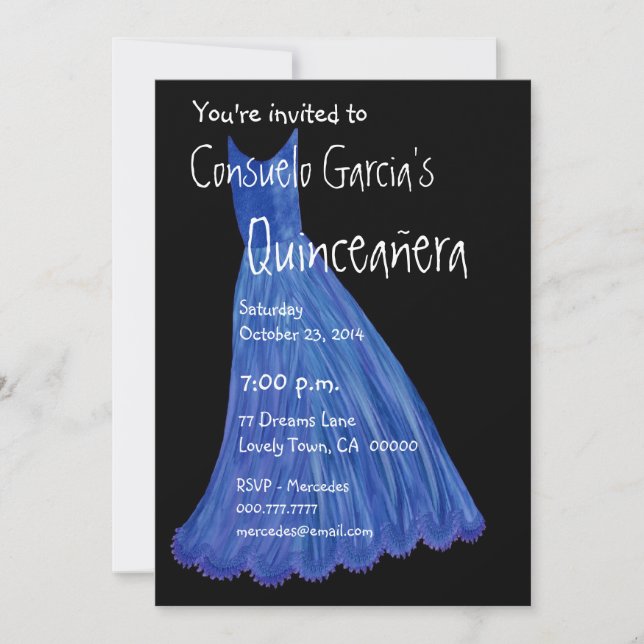 Invitation Quinceanera - Modèle de la robe bleue Mis Quince A (Devant)