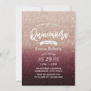 Invitation Quinceanera Moderne Bourgogne & Or Rose Ombre