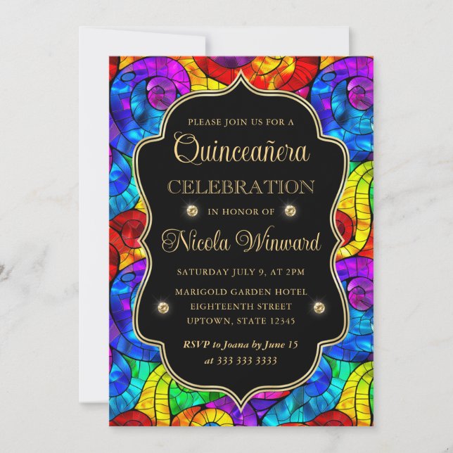 Invitation Quinceanera Multicolore et Or (Devant)