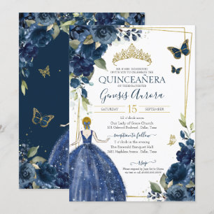 Invitation Quinceañera Navy Blue Floral Papillons et robe