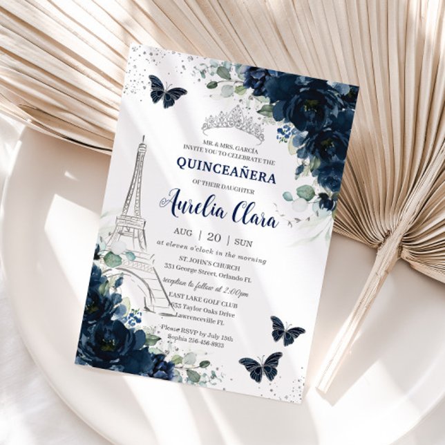 Invitation Quinceañera Navy Floral Paris Butterflies Eiffel (Créateur téléchargé)