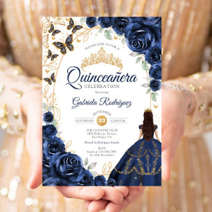 Invitation Quinceanera Navy Or Rose Gold Floral