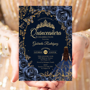 Invitation Quinceanera Navy Or Rose Gold Papillons