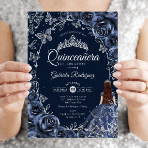 Invitation Quinceanera Navy Papillons Argent Roses