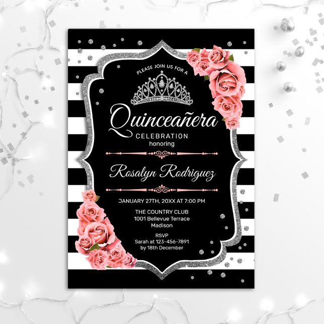 Invitation Quinceanera - Noir Argent Rose (Créateur téléchargé)