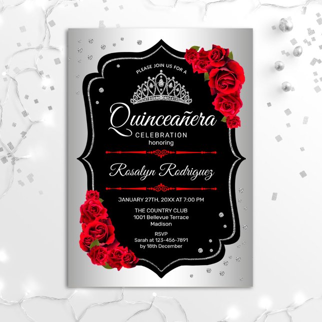 Invitation Quinceanera - Noir Argent Rouge (Créateur téléchargé)