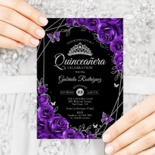 Invitation Quinceanera Noir Argent Violet Floral