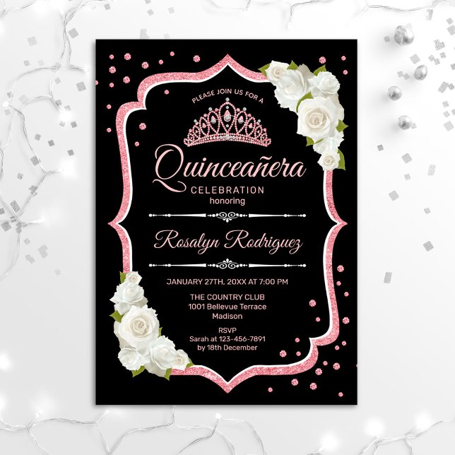 Invitation Quinceanera - Noir Blanc Rose Or (Créateur téléchargé)