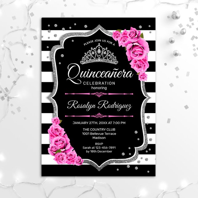 Invitation Quinceanera - Noir d'argent rose (Créateur téléchargé)