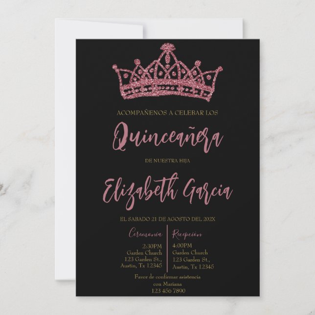 Invitation quinceañera noir et rose (Devant)