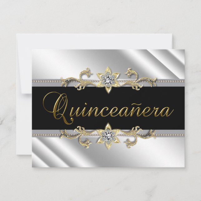 Invitation Quinceanera Noir Or Argent (Devant)