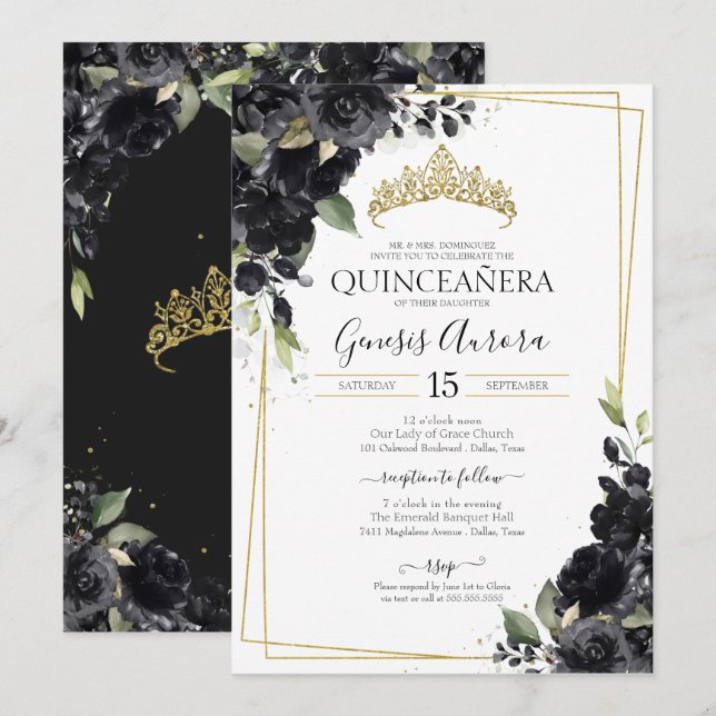 Invitation Quinceañera Noir & Or Elegant Aquarelle Floral (Devant / Derrière)