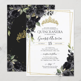 Invitation Quinceañera Noir & Or Elegant Aquarelle Floral