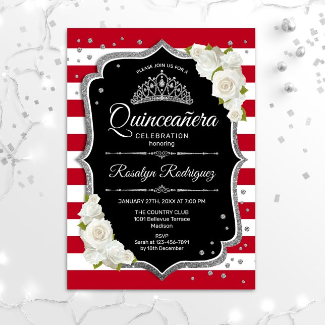 Invitation Quinceanera - Noir Rouge Blanc Argent (Créateur téléchargé)