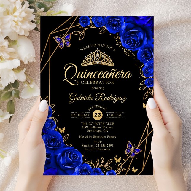 Invitation Quinceanera Noir Royal Bleu Or Floral (Créateur téléchargé)