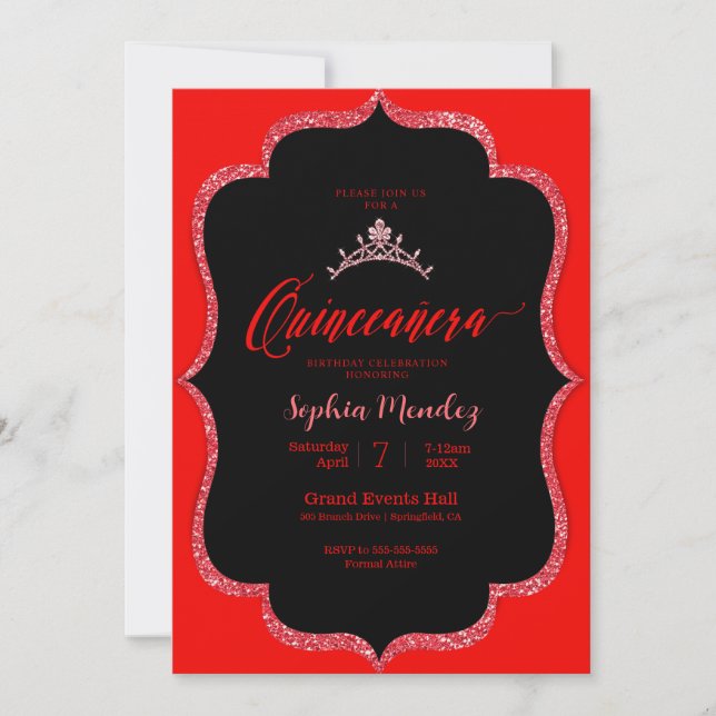 Invitation Quinceanera noire et rouge (Devant)