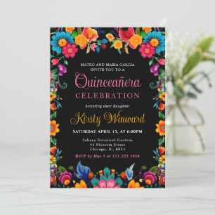 Invitation Quinceanera noire florale mexicaine