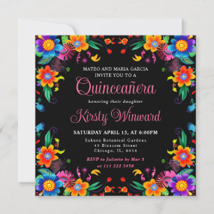Invitation Quinceanera noire florale mexicaine
