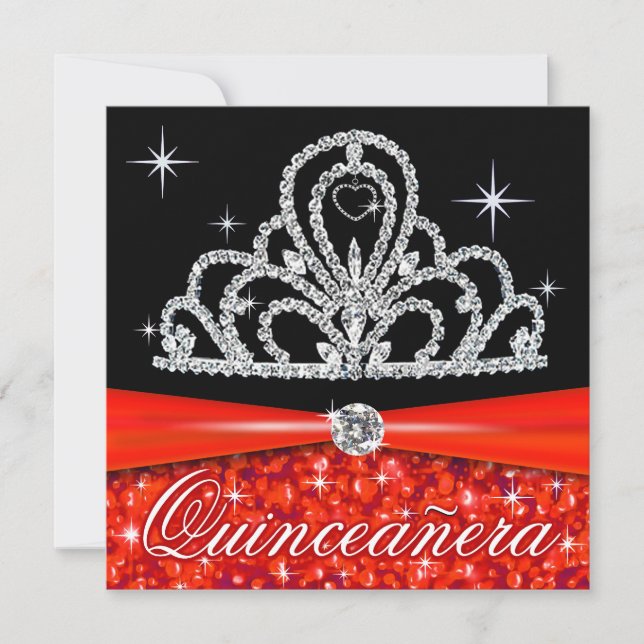 Invitation Quinceanera noire rouge Princesse Tiara Bling (Devant)