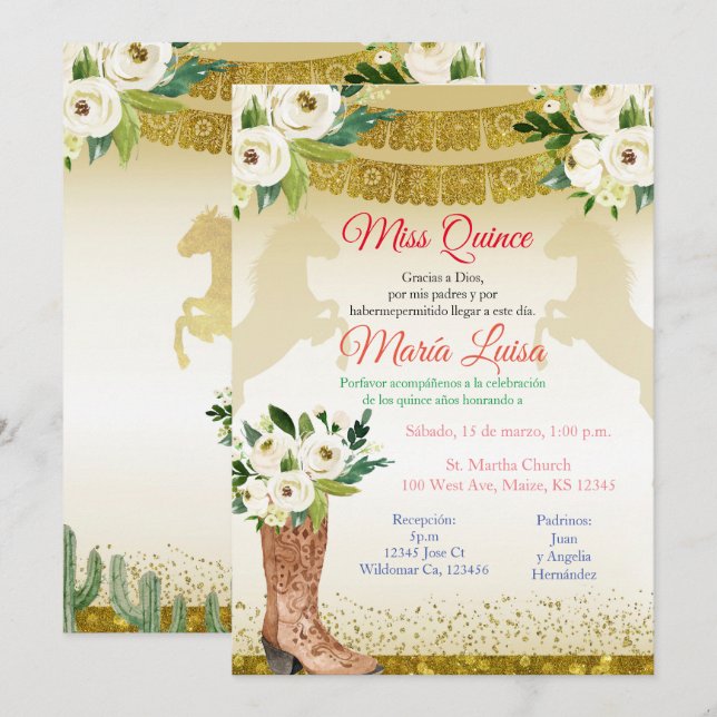 Invitation Quinceañera Or Blanc Miss Mexicaine Quince (Devant / Derrière)