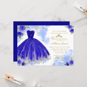 Invitation Quinceañera Or Espagnol Or Royal Bleu