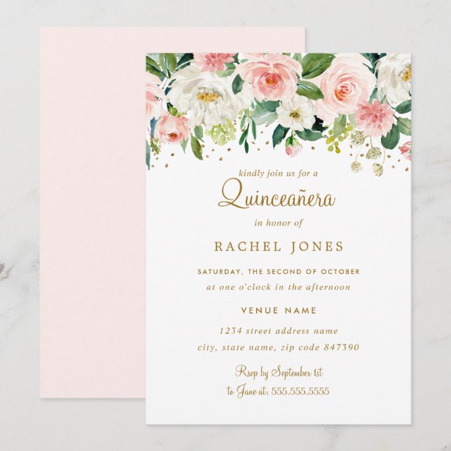 Invitation Quinceanera Or Floral Blush (Devant / Derrière)