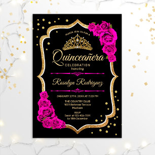 Invitation Quinceanera - Or noir rose