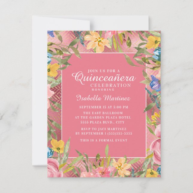 Invitation Quinceañera or rose bleu jaune Floral (Devant)