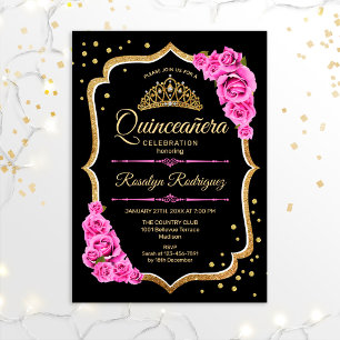 Invitation Quinceanera - Or rose noir