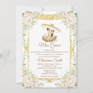 Invitation Quinceanera Or Roses Blanches Fête Mes Quinze Ans