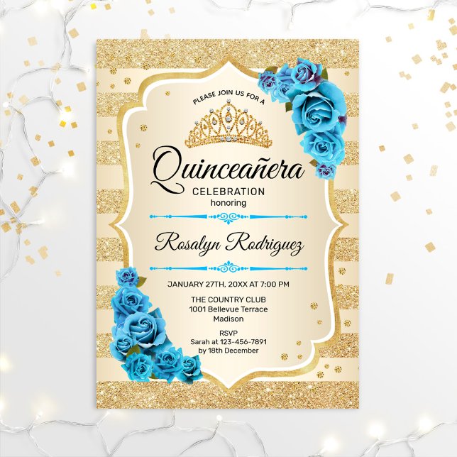 Invitation Quinceanera - Or Stripes Bleues (Créateur téléchargé)