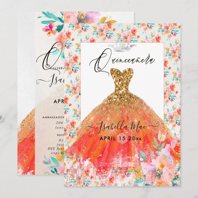 Invitation Quinceanera Orange Gown Aquarelle Fleurs (Devant / Derrière)
