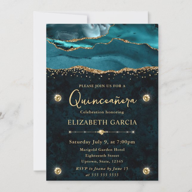 Invitation Quinceanera Pailleté de Turquoise et d'Or (Devant)