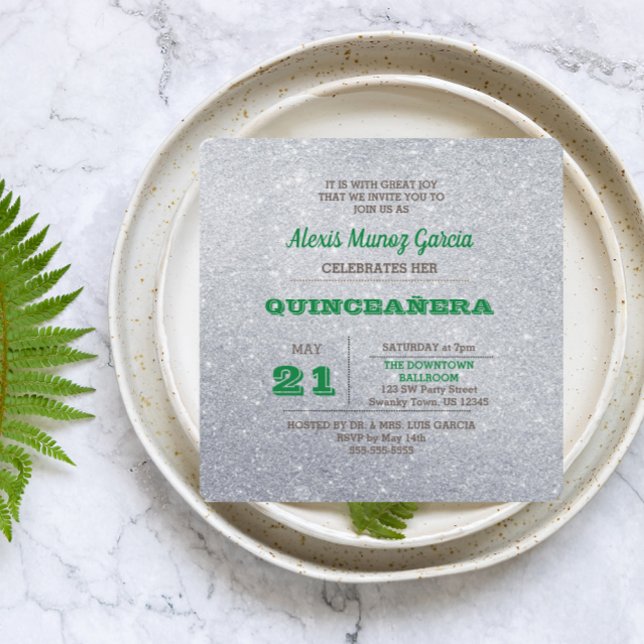 Invitation Quinceañera Pailletée Vert Émeraude & Argent (Créateur téléchargé)