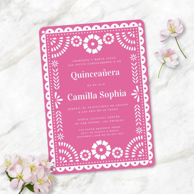 Invitation Quinceañera Papel Picado Élégant rose vif (Créateur téléchargé)