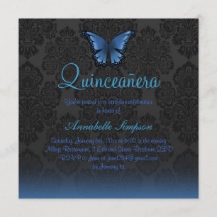 Invitation Quinceanera Papillon Bleu & Damassé