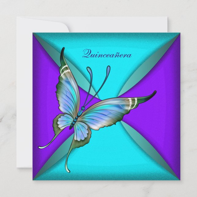 Invitation Quinceanera, papillon bleu turquoise 15e anniversa (Devant)