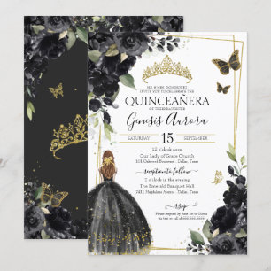 Invitation Quinceañera Papillon floral noir, Fille en robe