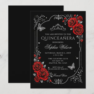 Invitation Quinceanera papillon floral noir rouge argent