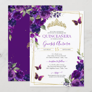 Invitation Quinceañera Papillon Purple Aquarelle Florale