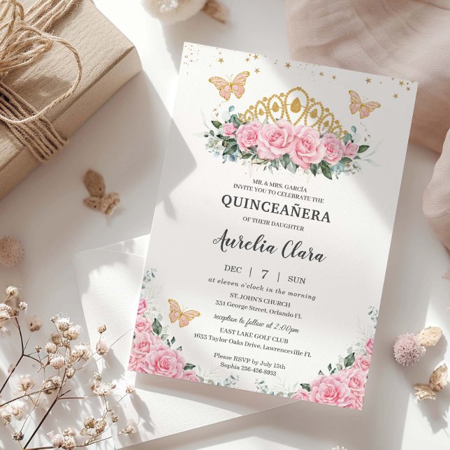 Invitation Quinceanera Papillons à couronne d'or rose Floral (Créateur téléchargé)