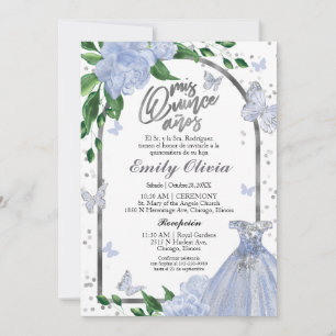 Invitation Quinceanera Papillons Dusty Blue Gown Espagnol