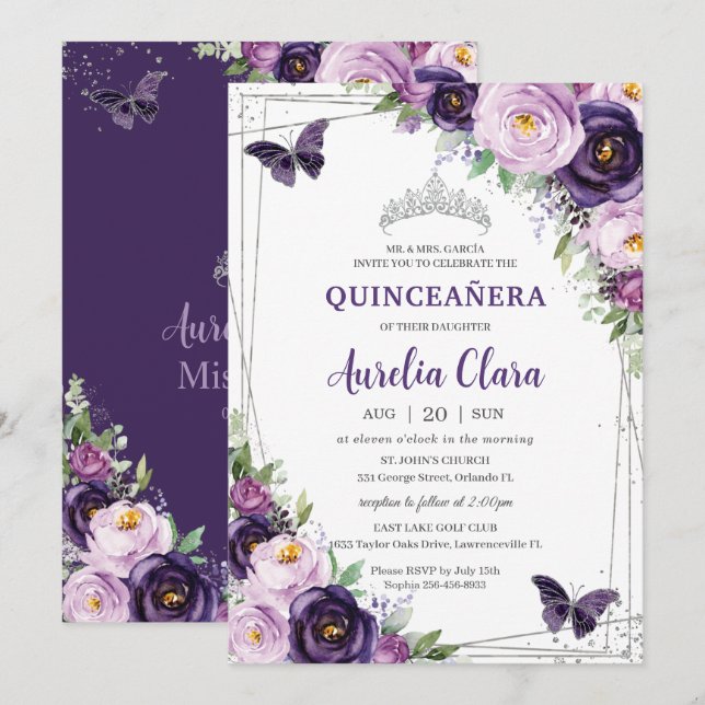 Invitation Quinceañera Papillons floraux violets foncés Lilac (Devant / Derrière)